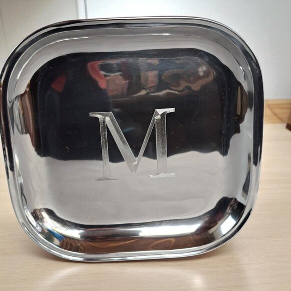 Mariposa 10" Square Serving Tray Silver Tone Monogrammed M as shown - Picture 4 of 7